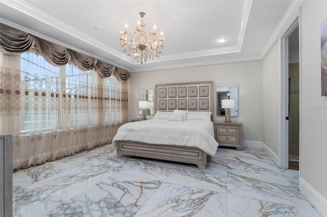 8625 Brixford St, Orlando, FL 32836 - bedroom with crown molding, marble finish floor, a raised ceiling, a notable chandelier, and baseboards