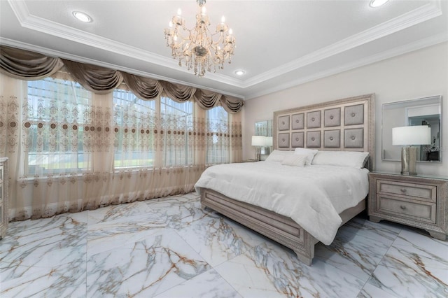 8625 Brixford St, Orlando, FL 32836 - bedroom with ornamental molding, recessed lighting, marble finish floor, and a chandelier