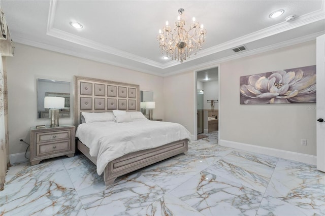 8625 Brixford St, Orlando, FL 32836 - bedroom with a notable chandelier, marble finish floor, ornamental molding, and a raised ceiling