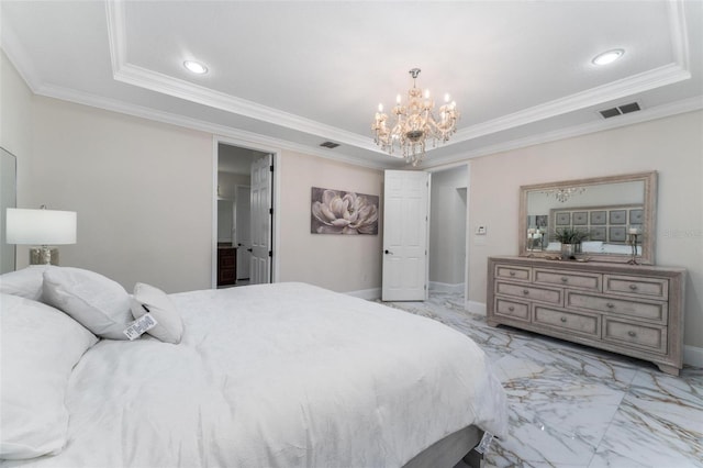 8625 Brixford St, Orlando, FL 32836 - bedroom featuring a tray ceiling, marble finish floor, a notable chandelier, and visible vents