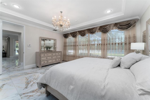8625 Brixford St, Orlando, FL 32836 - bedroom with marble finish floor, crown molding, an inviting chandelier, and baseboards