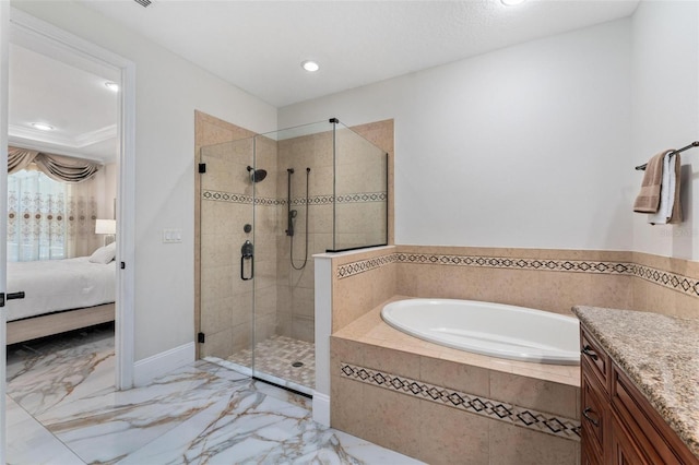 8625 Brixford St, Orlando, FL 32836 - bathroom featuring connected bathroom, a shower stall, a bath, recessed lighting, and marble finish floor