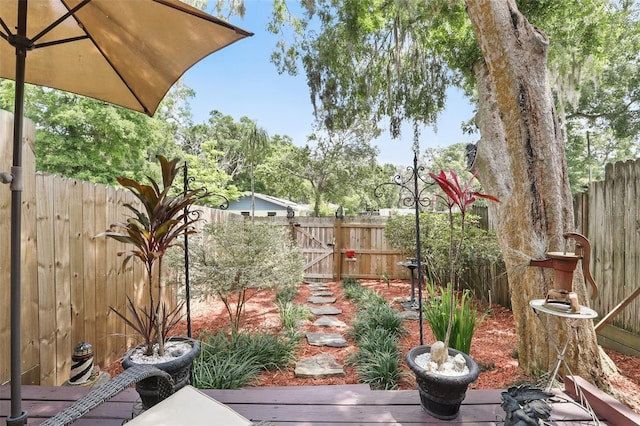 view of yard with a fenced backyard and a gate