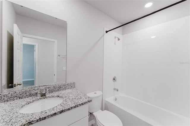 full bathroom featuring toilet, recessed lighting, shower / bath combination, and vanity