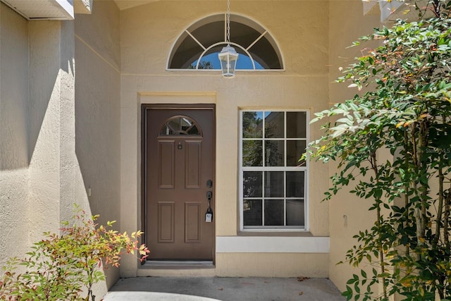 view of exterior entry with stucco siding