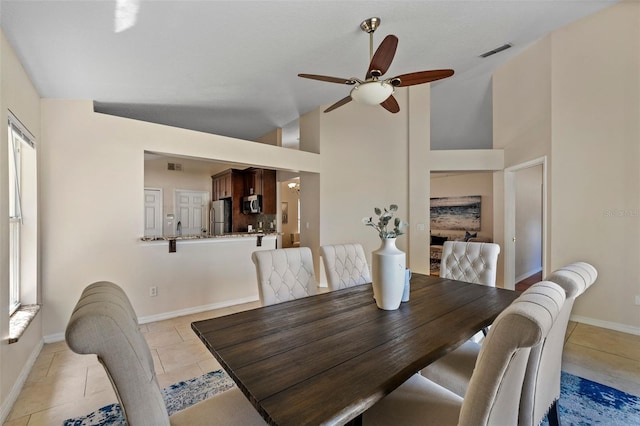dining space featuring high vaulted ceiling, visible vents, baseboards, and ceiling fan