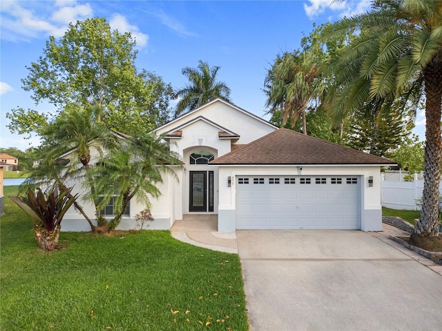 ranch-style home featuring a shingled roof, a front lawn, stucco siding, an attached garage, and driveway