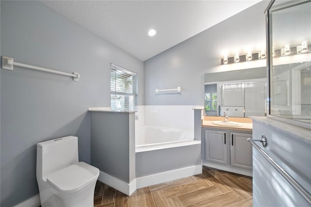 full bathroom with vaulted ceiling, a bath, vanity, toilet, and recessed lighting