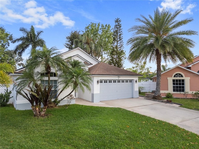 view of front of property featuring a front yard, an attached garage, concrete driveway, and stucco siding