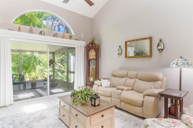 35 Misners Trl, Ormond Beach, FL 32174 - living area featuring high vaulted ceiling, plenty of natural light, and ceiling fan