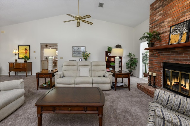 carpeted living room with high vaulted ceiling, ceiling fan, visible vents, and a fireplace