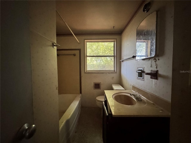 bathroom with shower / bathtub combination, vanity, toilet, and crown molding