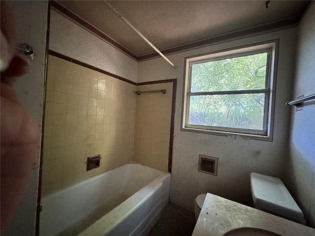 full bath with toilet, shower / bath combination, and vanity