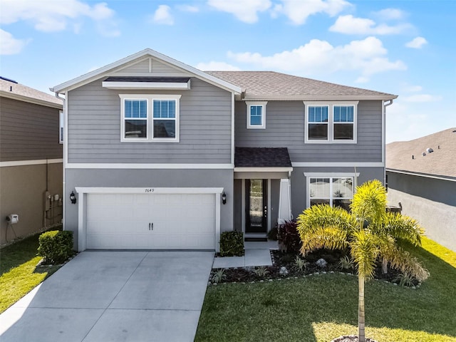 7649 Ragusa Way, Clermont, FL 34714 - traditional-style house featuring a front yard, concrete driveway, a shingled roof, and an attached garage