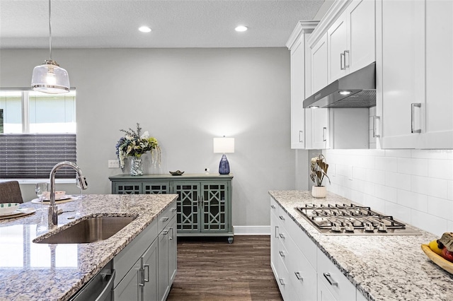 kitchen with a sink, decorative backsplash, appliances with stainless steel finishes, under cabinet range hood, and dark wood-type flooring
