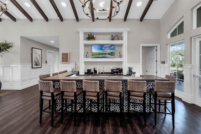 bar featuring recessed lighting, wet bar, beam ceiling, a decorative wall, and dark wood-style flooring