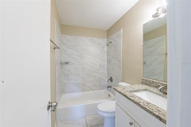 full bath featuring marble finish floor, toilet, vanity, and shower / bath combination