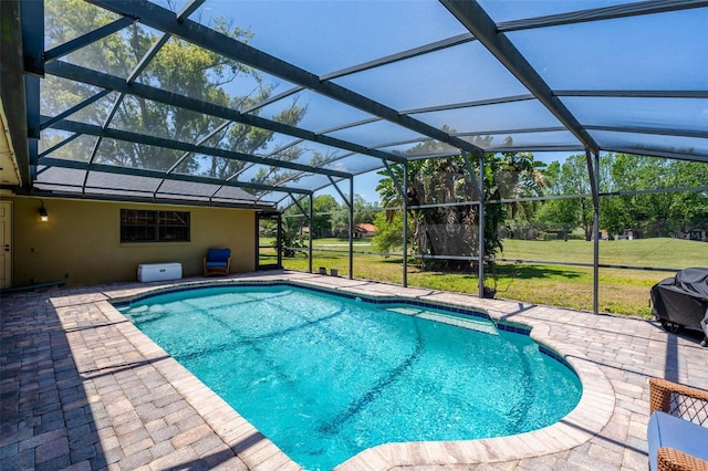 7655 Persian Ct, Orlando, FL 32819 - pool with a lawn, glass enclosure, a grill, and a patio