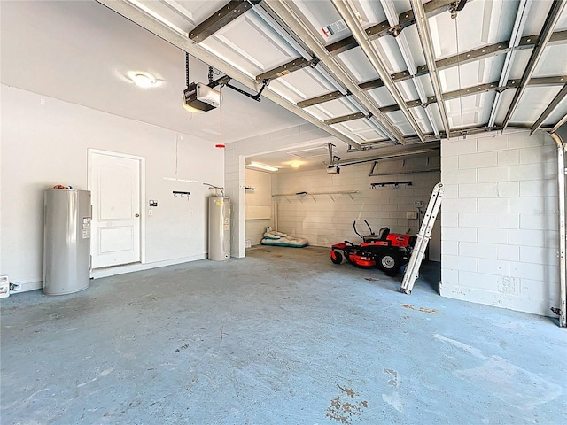 garage with concrete block wall, water heater, electric water heater, and a garage door opener