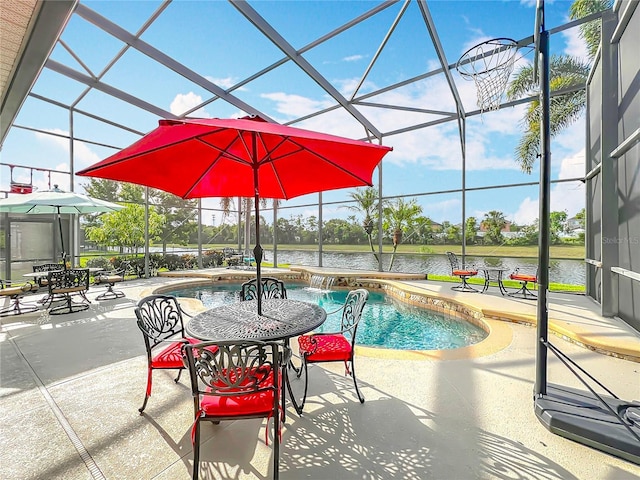 pool featuring a patio area, a lanai, and a water view