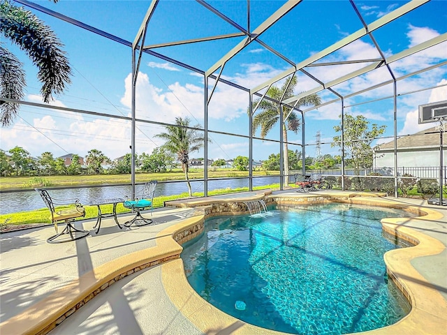 pool featuring a patio area, a lanai, and a water view