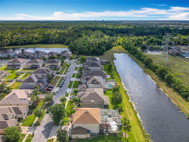 aerial view with a view of trees, a residential view, and a water view