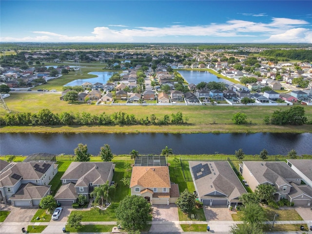 birds eye view of property featuring a water view and a residential view