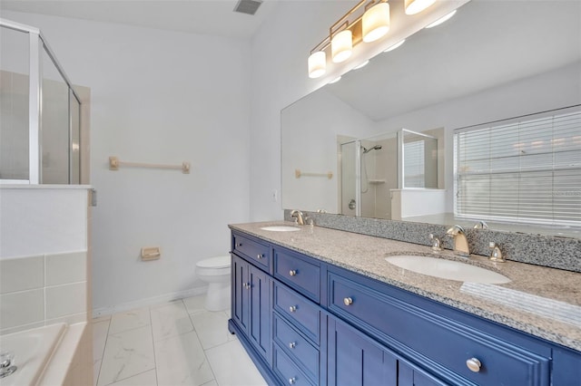 bathroom featuring toilet, visible vents, a sink, and a stall shower