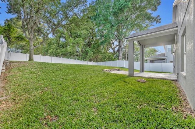 view of yard with a fenced backyard and a patio area