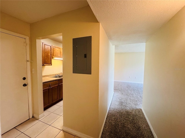 1695 Lee Rd Unit E214, Winter Park, FL 32789 - corridor featuring electric panel, baseboards, a sink, a textured ceiling, and light carpet