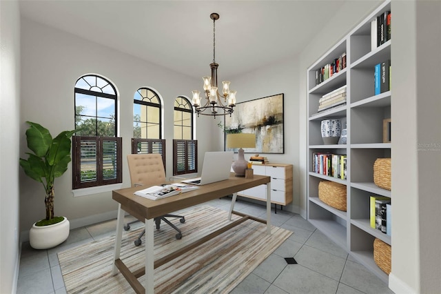 tiled home office with a chandelier and baseboards