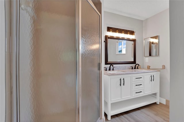 6366 SW 115th Street Rd, Ocala, FL 34476 - bathroom featuring a sink, baseboards, a shower stall, and wood finished floors