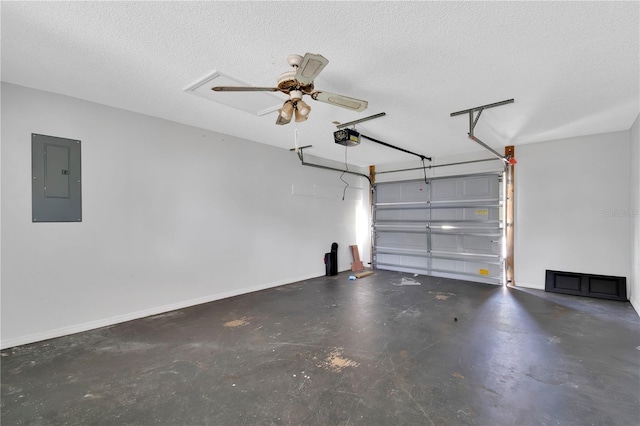 6366 SW 115th Street Rd, Ocala, FL 34476 - garage with a garage door opener, ceiling fan, baseboards, and electric panel