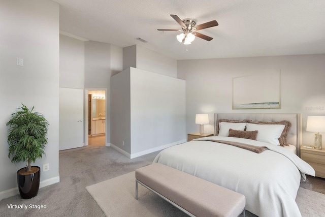 3004 Cottage Grove Ct Unit 1805, Orlando, FL 32822 - carpeted bedroom featuring high vaulted ceiling, connected bathroom, and a ceiling fan