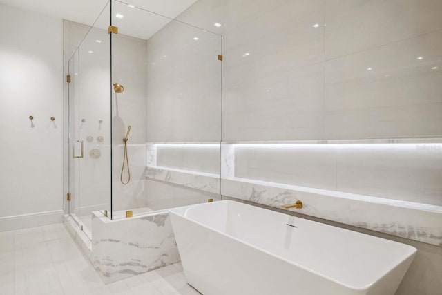 bathroom featuring a freestanding bath and a stall shower