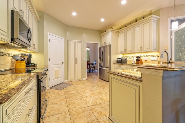3509 Battersea Ct, Belle Isle, FL 32812 - kitchen with stone counters, appliances with stainless steel finishes, tasteful backsplash, and recessed lighting