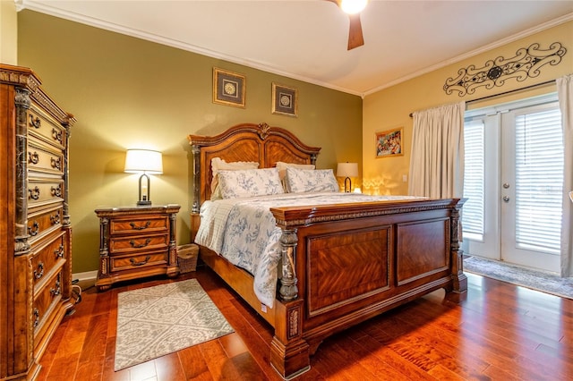 3509 Battersea Ct, Belle Isle, FL 32812 - bedroom with crown molding, ceiling fan, baseboards, access to outside, and dark wood-style floors