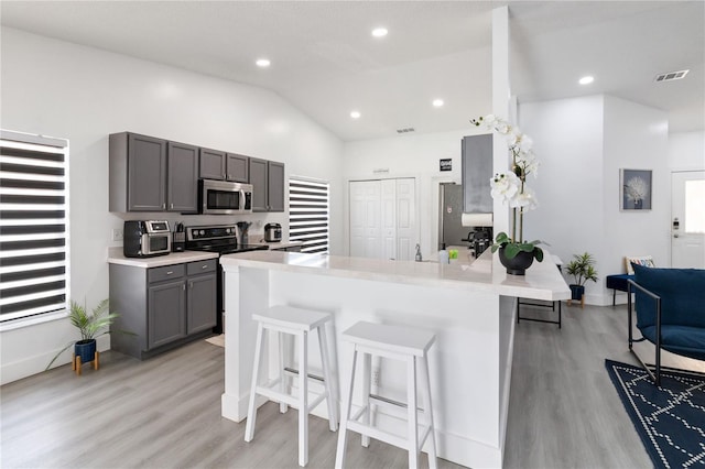 7803 Laurel Oak Ln, Kissimmee, FL 34747 - kitchen with light wood-style floors, gray cabinets, a breakfast bar area, and stainless steel appliances