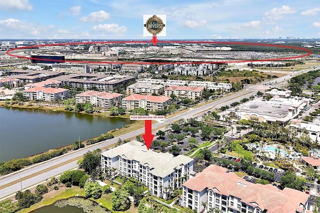 bird's eye view with a water view