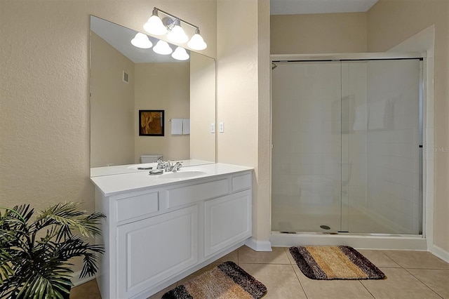 bathroom with vanity, tile patterned floors, visible vents, and a stall shower