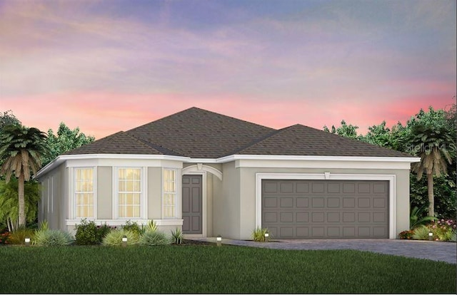 2717 Serenity Meadow Dr, Kissimmee, FL 34744 - ranch-style house with a shingled roof, stucco siding, an attached garage, driveway, and a lawn