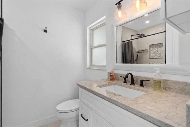 197 Flame Ave, Maitland, FL 32751 - bathroom with vanity, curtained shower, baseboards, toilet, and tile patterned flooring