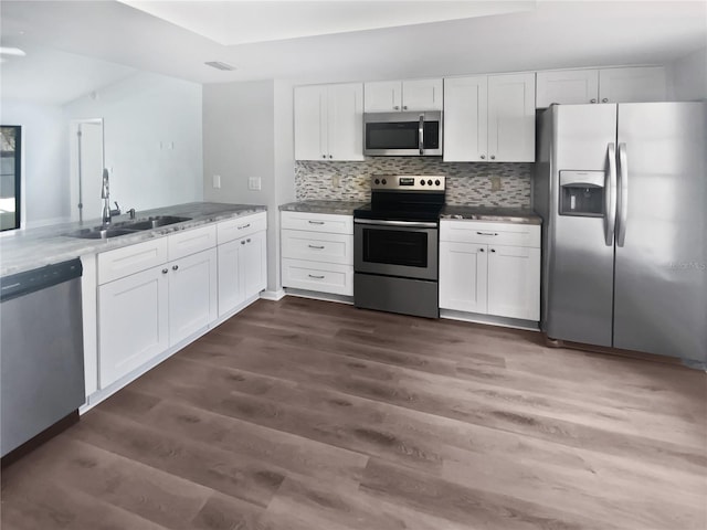 kitchen with white cabinets, dark wood-style flooring, a sink, stainless steel appliances, and backsplash
