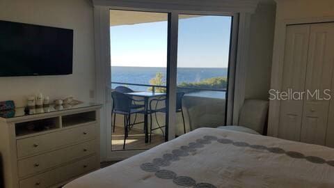 bedroom featuring a water view