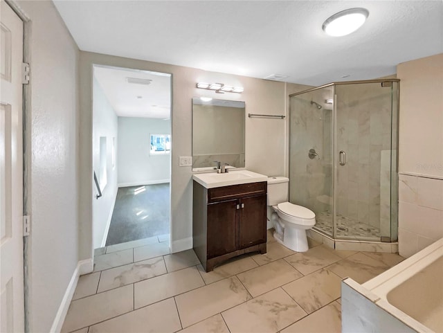 full bath featuring visible vents, toilet, a shower stall, vanity, and marble finish floor