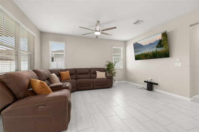 236 Pink Ibis Bnd, Saint Cloud, FL 34772 - living area featuring visible vents, a ceiling fan, and baseboards