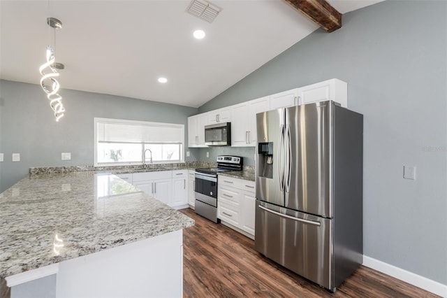 10237 Bannock St, Spring Hill, FL 34608 - kitchen with a sink, vaulted ceiling with beams, stainless steel appliances, a peninsula, and visible vents