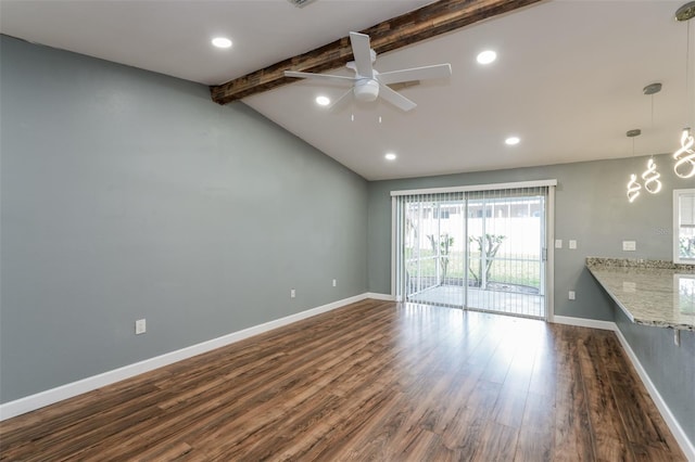 10237 Bannock St, Spring Hill, FL 34608 - unfurnished living room featuring recessed lighting, ceiling fan, vaulted ceiling with beams, baseboards, and dark wood-style flooring