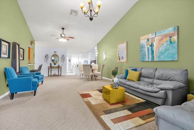 living room with high vaulted ceiling, baseboards, carpet flooring, and visible vents