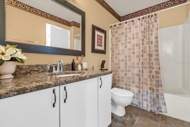 full bathroom with shower / bath combo, toilet, and vanity